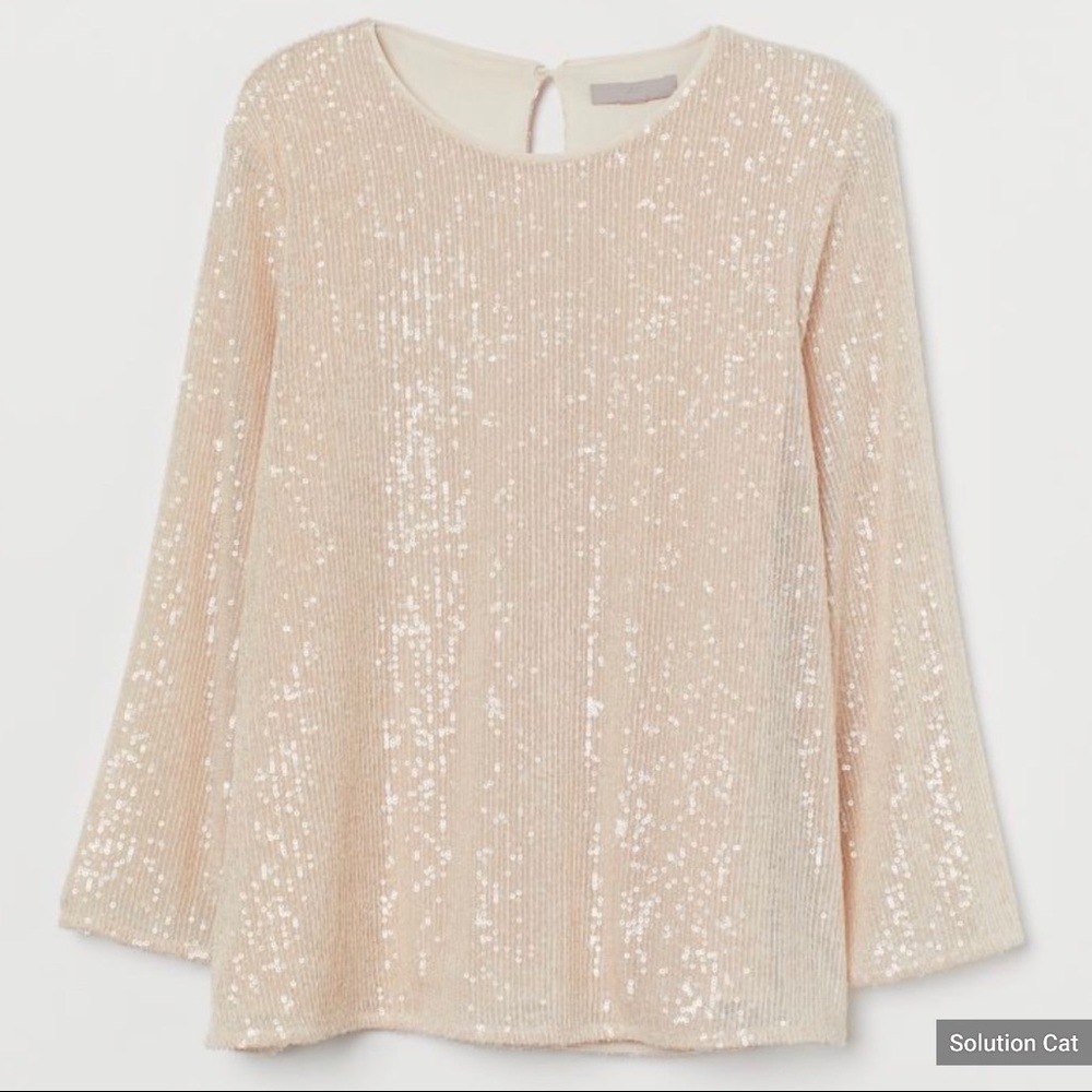 H&M Sequined Mesh Top Color Light Beige Size Small